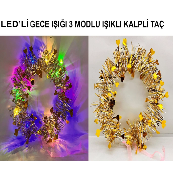 Kalp Püsküllü Gece Parıltısı 3 Modlu LED'li Işıklı Taç Altın Renk (5263)