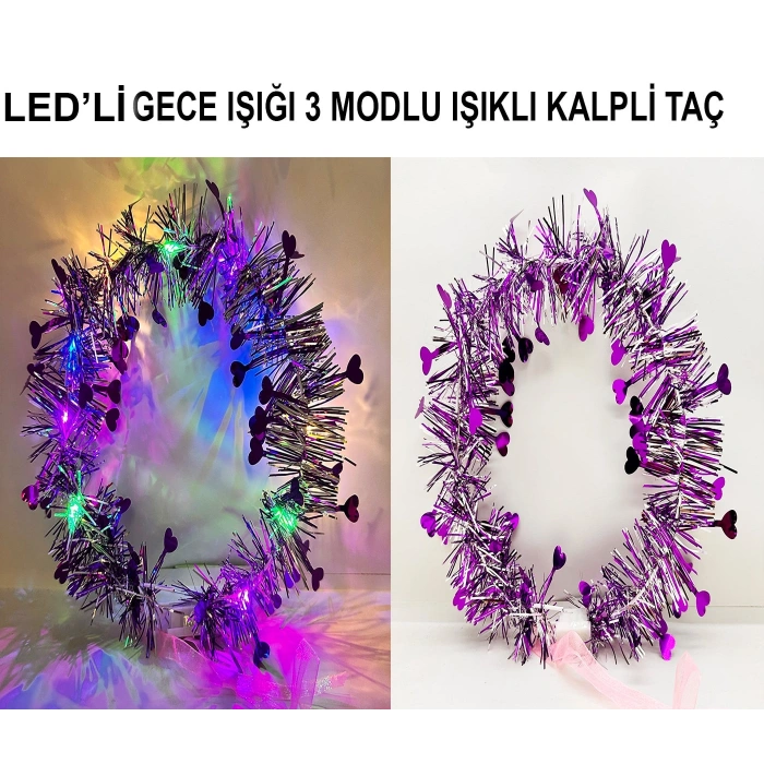 Kalp Püsküllü Gece Parıltısı 3 Modlu LED'li Işıklı Taç Mor Renk (5263)