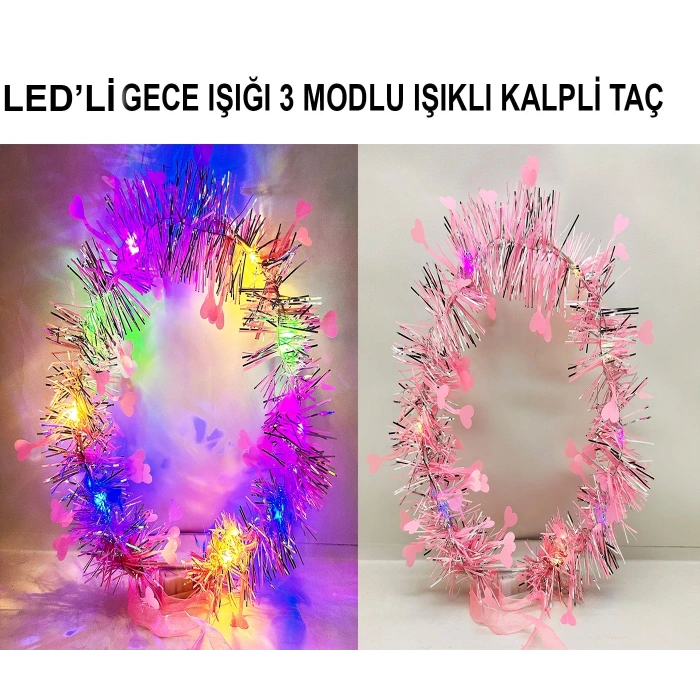Kalp Püsküllü Gece Parıltısı 3 Modlu LED'li Işıklı Taç Pembe Renk (5263)