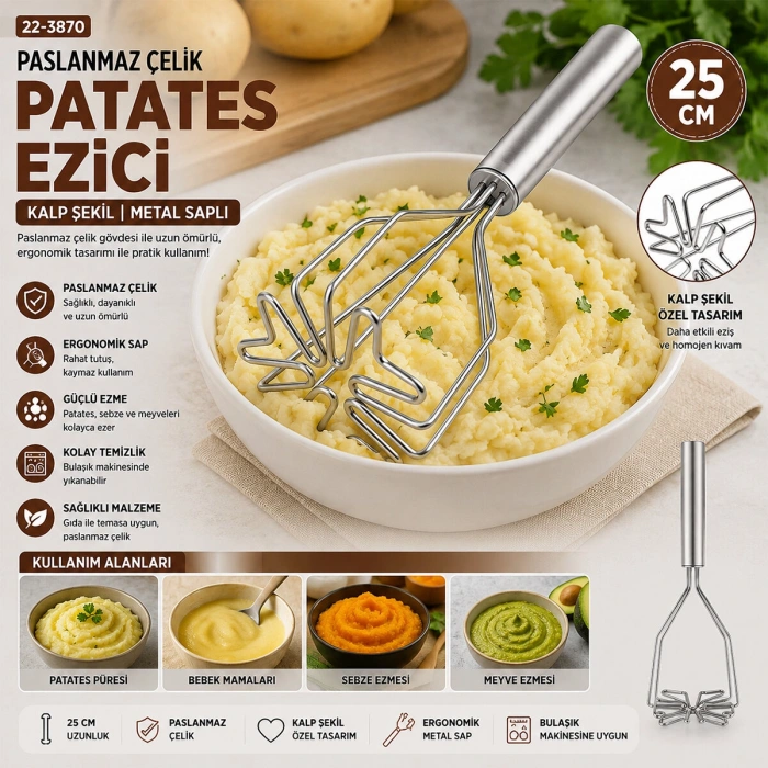 KALP ŞEKİL ÇAP: 9CM KROM SAPLI=12CM METAL PATATES EZİCİ TOPLAM UZUNLUK: 26CM (5263)