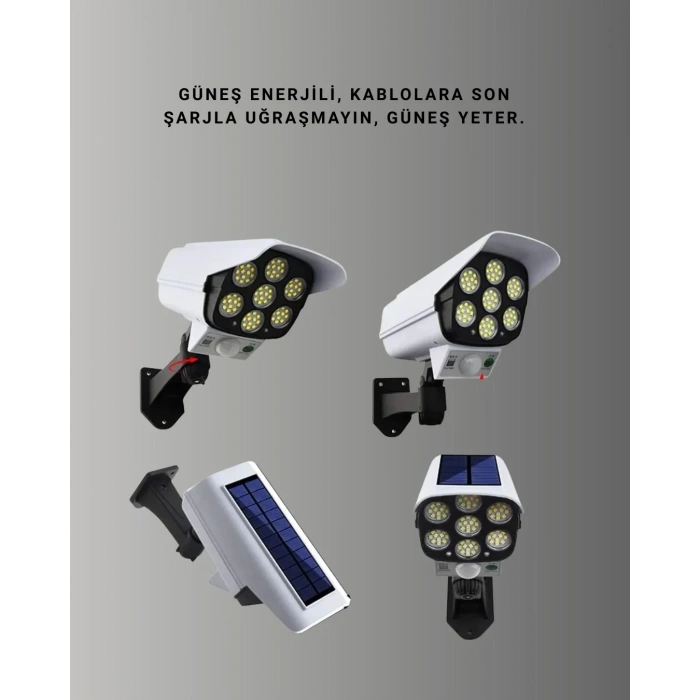 77 Ledli Güneş Enerjili Güvenlik Lambası Ve Kukla Kamera – Hareket Sensörlü, 2400mah Pilli