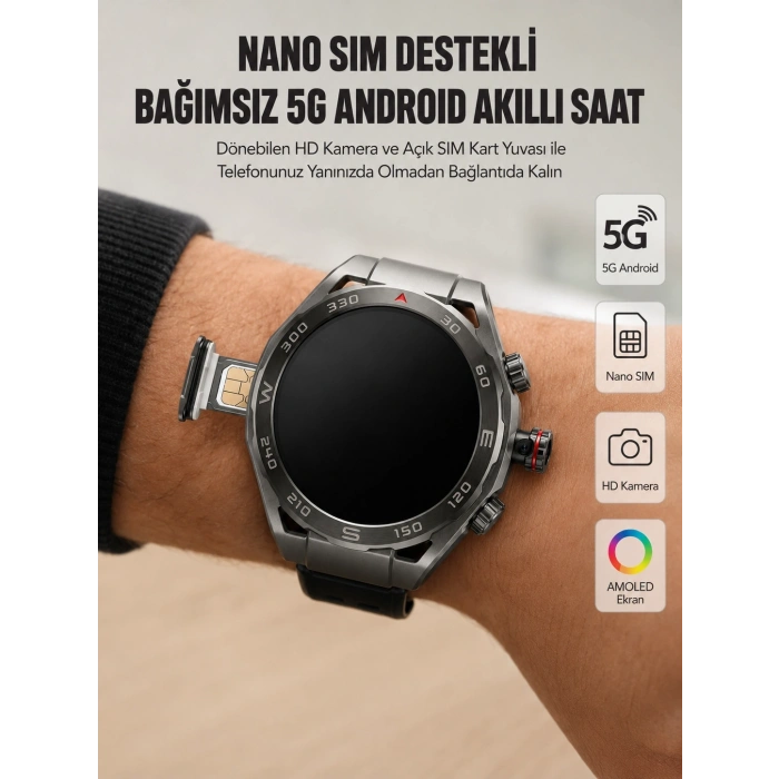Kameralı 5g Android Akıllı Saat Amoled Ekran Wi-fi Gps Sım Kart Destekli