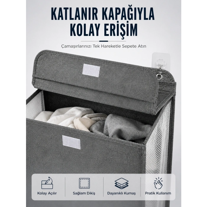 Kapaklı Duvar Tipi Kirli Çamaşır Sepeti Yer Tasarrufu Sağlayan