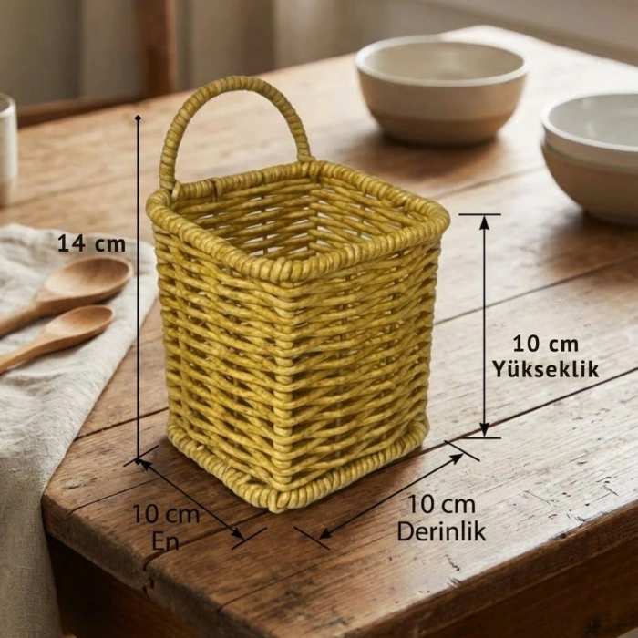 Kare Hasır Dokulu Plastik Rattan Kaşıklık &amp; Çatallık – Askılı Kendiliğinden Tutmalı Çok Amaçlı Mutfak Organizeri (5263)