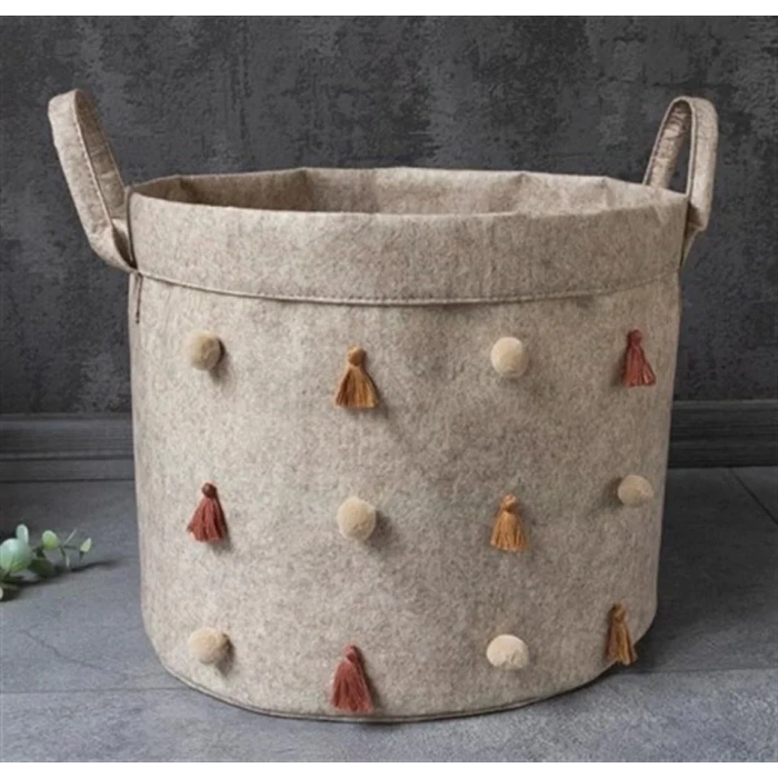 Katlanabilir Çok Amaçlı Ponponlu Yuvarlak Düzenleyici Saklama Kutusu Organizer Keçe (maxi Boy) - 03778