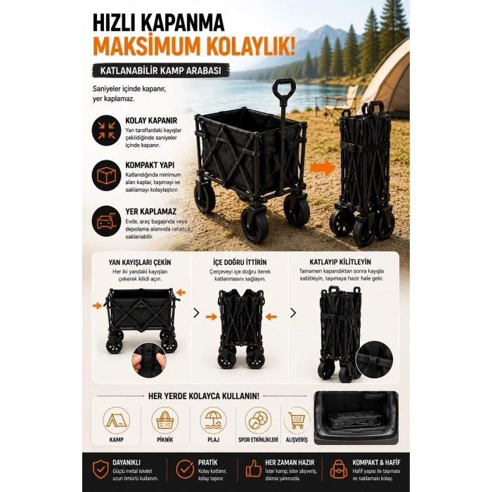 Katlanabilir Kamp Arabası Üst Tablalı 130 Kg Taşıma Kapasiteli Geniş Tekerlekli Çekçek
