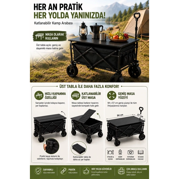 Katlanabilir Kamp Arabası Üst Tablalı 130 Kg Taşıma Kapasiteli Geniş Tekerlekli Çekçek