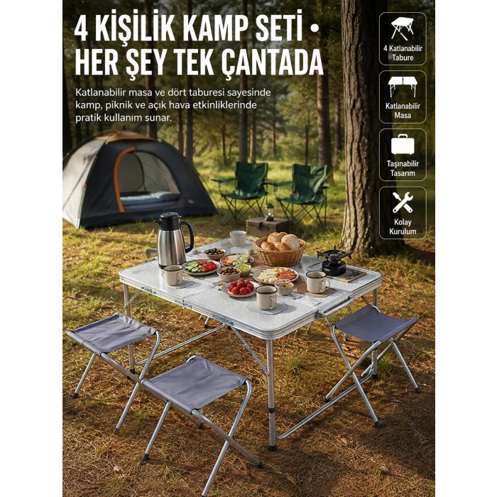 Katlanabilir Kamp Masası Ve 4 Tabure Seti Taşınabilir Alüminyum Gövdeli Piknik Masası