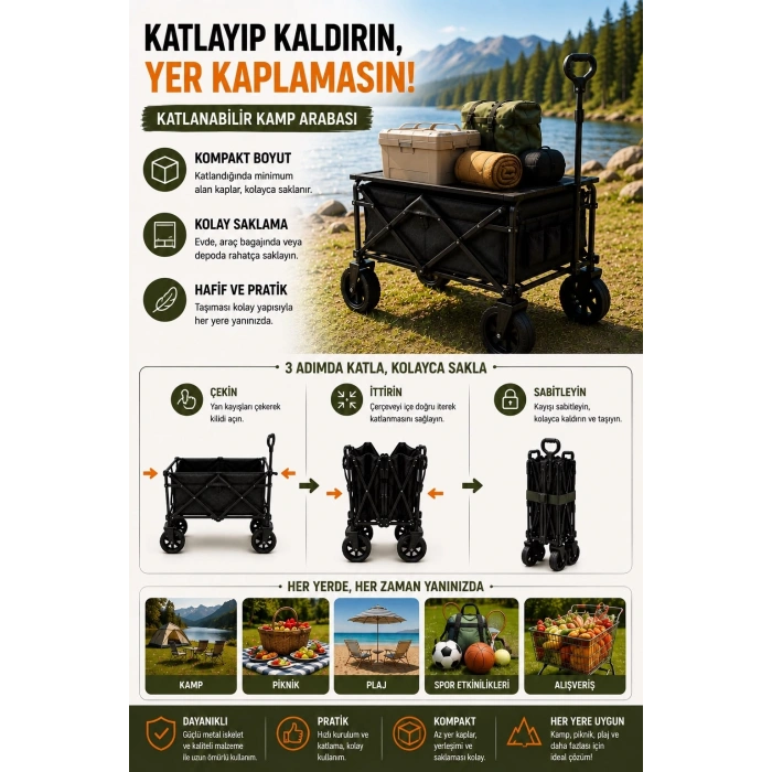 Katlanır Kamp Arabası 130 Kg Kapasiteli Üst Tablalı Kalın Tekerlekli Çok Amaçlı Taşıma Arabası