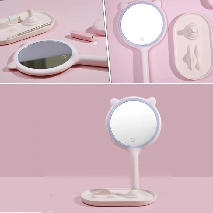 Kedi Kulaklı Telefon Standlı Yuvarlak Dokunmatik Led Ayarlı Masa Üstü Makyaj Aynası (5263)