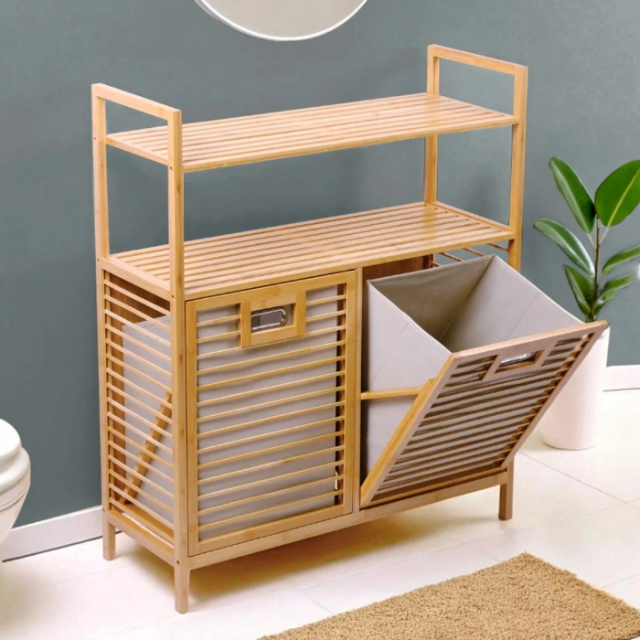 KİRLİ 2 KAT ORGANİZER RAFLI - 2 BÖLMELİ ÖNDEN ÇEK AÇ KALIN AHŞAP BAMBU KİRLİ ÇAMAŞIR SEPETİ 80X33X87CM (5263)