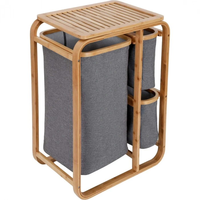 KİRLİ ÇAMAŞIR SEPETİ AHŞAP - BAMBU 3 ORGANİZER BÖLMELİ KUMAŞ ÇANTALI 50X30X70CM (5263)