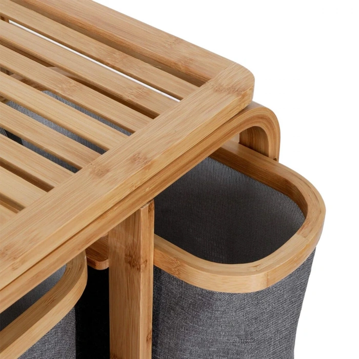 KİRLİ ÇAMAŞIR SEPETİ AHŞAP - BAMBU 3 ORGANİZER BÖLMELİ KUMAŞ ÇANTALI 50X30X70CM (5263)