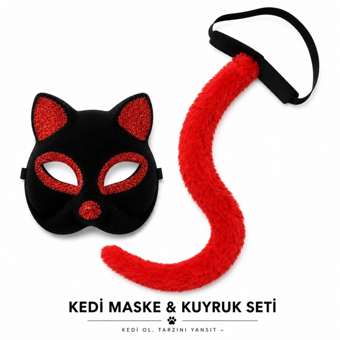 Kırmızı Kedi Maske ve Kuyruk Seti Parti Kostüm Aksesuarı (5263)