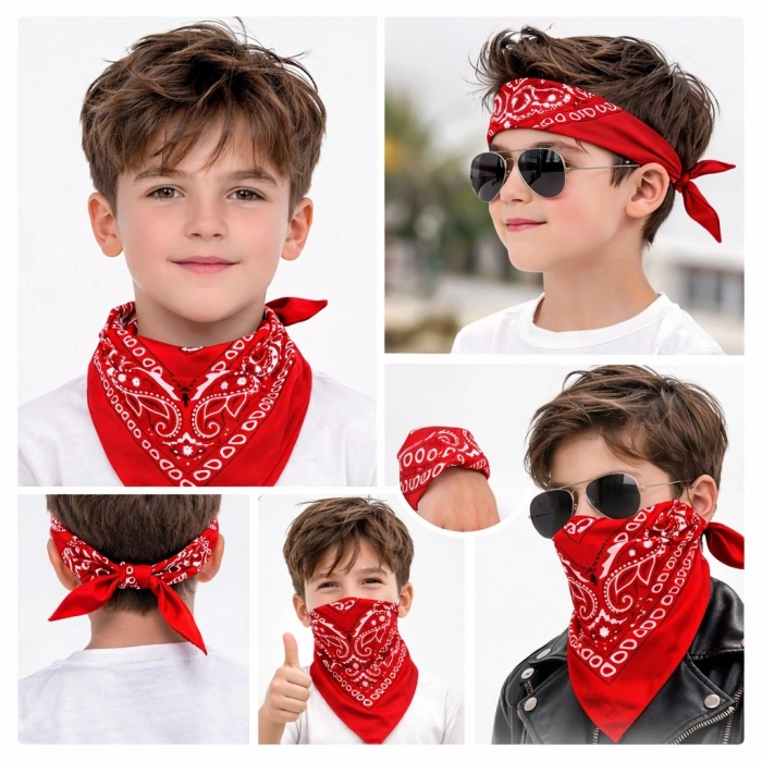 Kırmızı Kovboy Fuları Çocuk Bandana Western Desenli Boyun Fuları (5263)