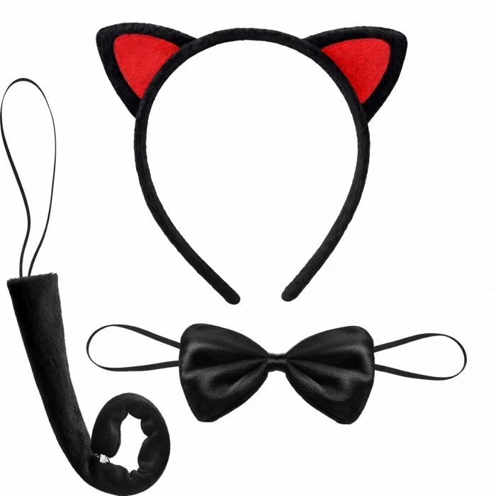 Kırmızı Kulaklı Kedi Kostüm Seti – Taç Papyon Kuyruk 3 Parça (5263)