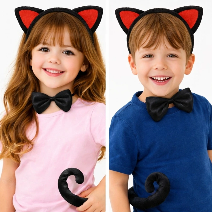 Kırmızı Kulaklı Kedi Kostüm Seti – Taç Papyon Kuyruk 3 Parça (5263)