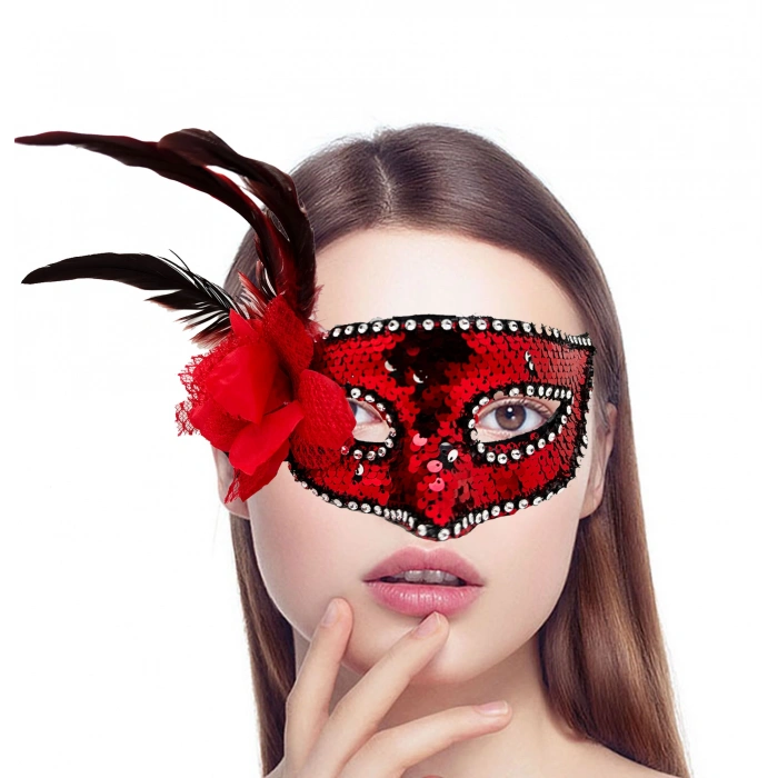 Kırmızı Renk Yandan Tüylü Güllü Gümüş Taşlı Pullu Maske 20x22 cm (5263)