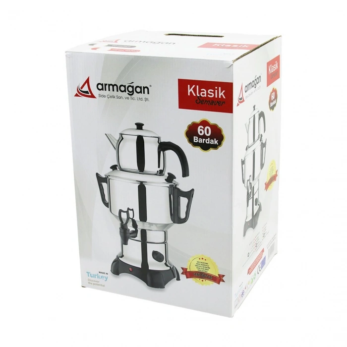 KLASİK ÇAY SETİ=DEMLİK - SU KAZANI ELEKTRİKLİ SEMAVER 60 BARDAK 6LT - TEK MUSLUK 1500W GİZLİ REZİSTANS (5263)