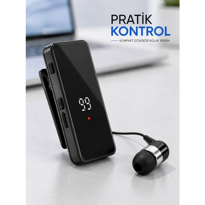 Klipsli Tek Kulaklıklı Kablosuz Bluetooth Kulaklık Dijital Ekranlı Taşınabilir Model