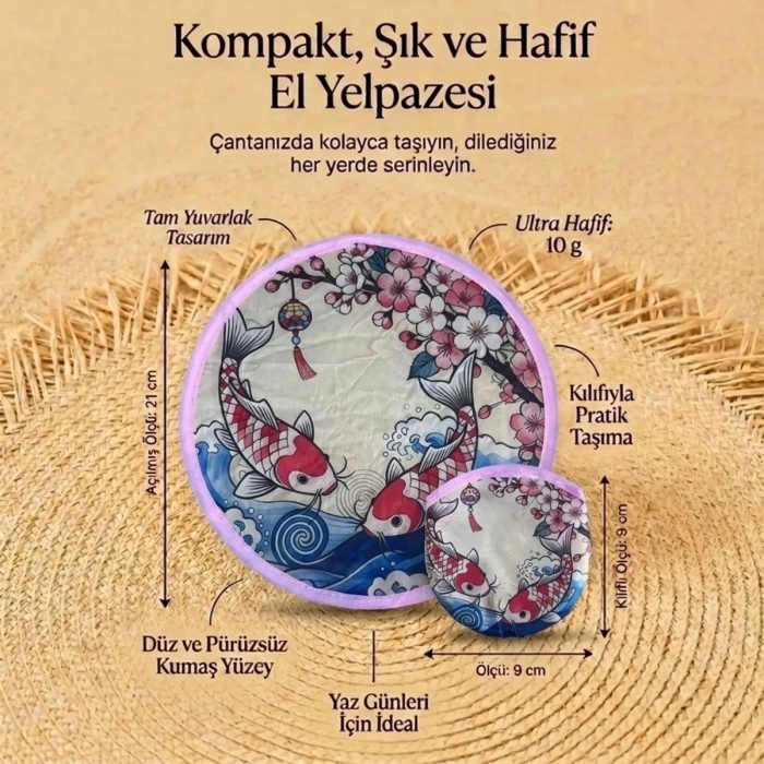 Koi Balığı ve Kiraz Çiçeği Desenli Katlanabilir Cep Yelpazesi - Japon Stili Kılıflı El Yelpazesi (5263)