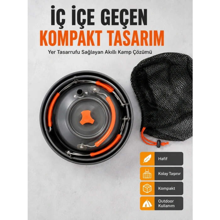 Kompakt Kamp Yemek Seti Alüminyum Tencere Tava Çaydanlık Taşıma Fileli Outdoor Set