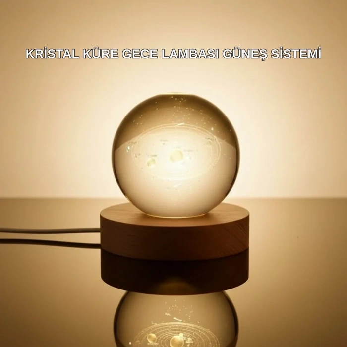 Kristal Gezegen Küre Ahşap Tabanlı Usb Işıklı Gece Lambası