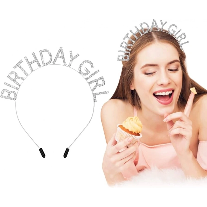 Kristal Taşlı Gümüş Birthday Girl Yazılı Doğum Günü Parti Tacı 19x11 cm (5263)