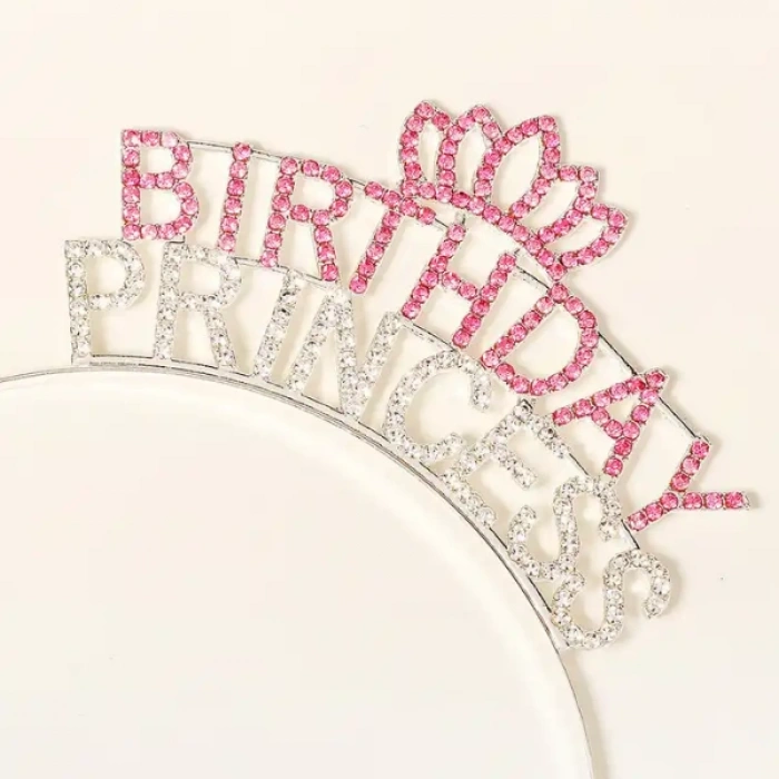 Kristal Taşlı Pembe Birthday Princess Yazılı Parti Tacı 19x11 cm (5263)