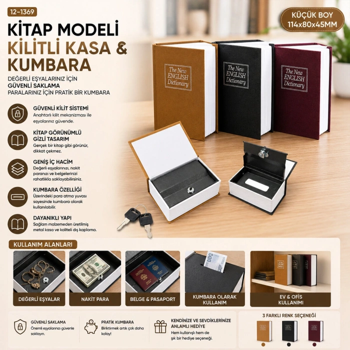 KÜÇÜK=114X80X45MM KİTAP MODELİ KİLİTLİ KASA - KUMBARA RENKLİ (5263)