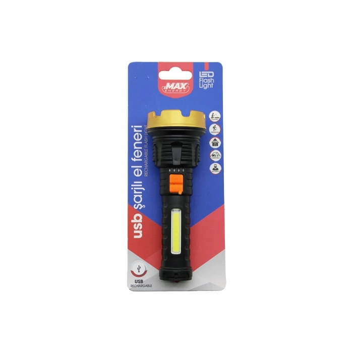 KÜÇÜK=15CM 2İN1= OSL LED - COB LED USB ŞARJLI EL FENERİ 3-KADEME IŞIK - FLAŞÖR ŞARJ GÖSTERGE (5263)