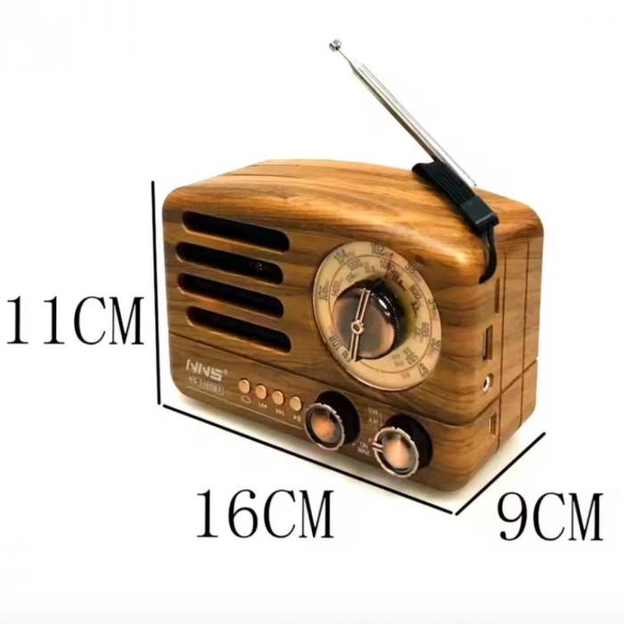 Küçük Boy Retro, Nostaljik, Ahşap Tasarım Bluetooth Hoparlörlü, Şarjlı, Taşınabilir Büyük Döndürülebilen Düğmeli FM/AM Destekli Radyo NS3380 (5263)