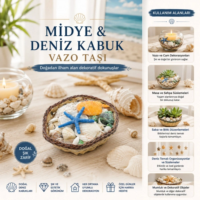 KÜÇÜK - KARE - AHŞAP SEPETLİ RENKLİ MİX MİDYE - DENİZ KABUK VAZO TAŞI (5263)