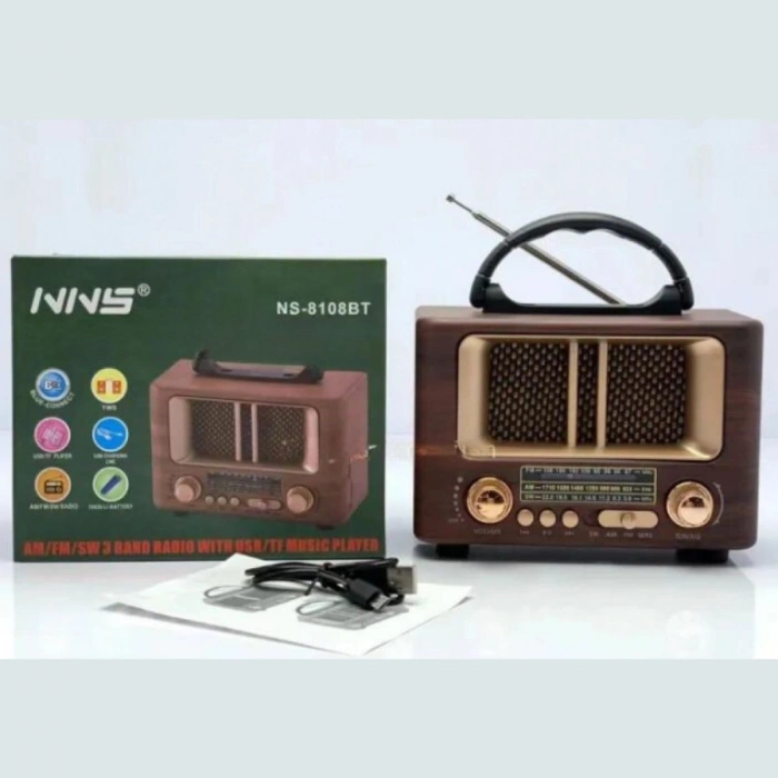 Küçük Mini Boy Retro Ahşap Tasarım Bluetooth Hoparlörlü Radyo – FM/AM Destekli, Şarjlı ve Taşınabilir Radyo NS-8108 (5263)