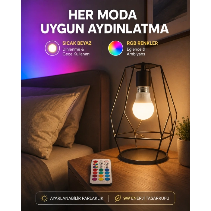 Kumanda Destekli Çok Renkli Akıllı Led Ampul Yeni Nesil