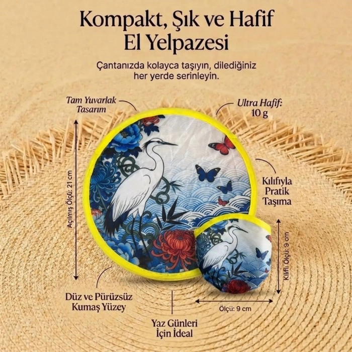 Kuş ve Kelebek Desenli Katlanabilir Cep Yelpazesi - Japon Stili Kılıflı El Yelpazesi (5263)