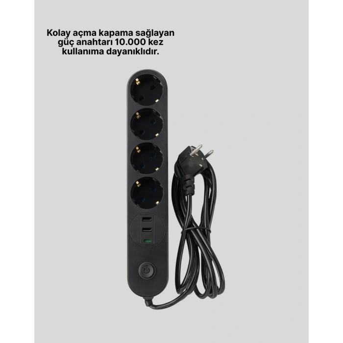 Led Anahtarlı Akım Korumalı Çoklu Priz 4 Priz 3 Usb Girişli