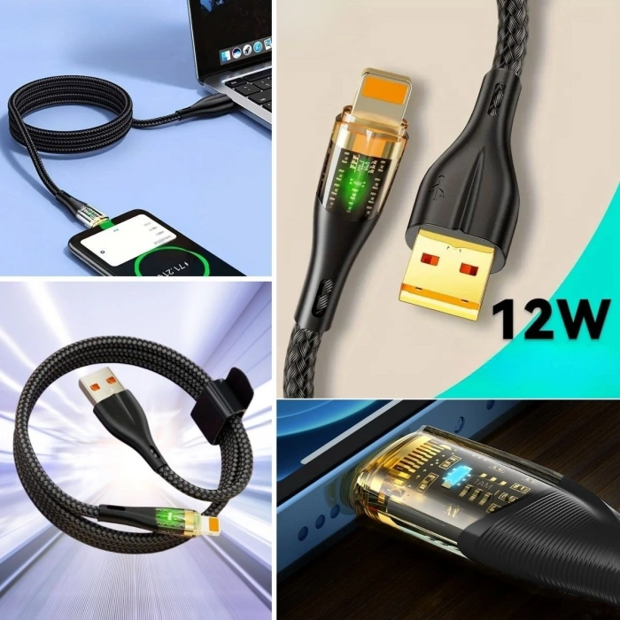 Led Işık Uçlu Sağlam İp Kablolu USB to Lightning Hızlı Şarj Kablosu (5263)