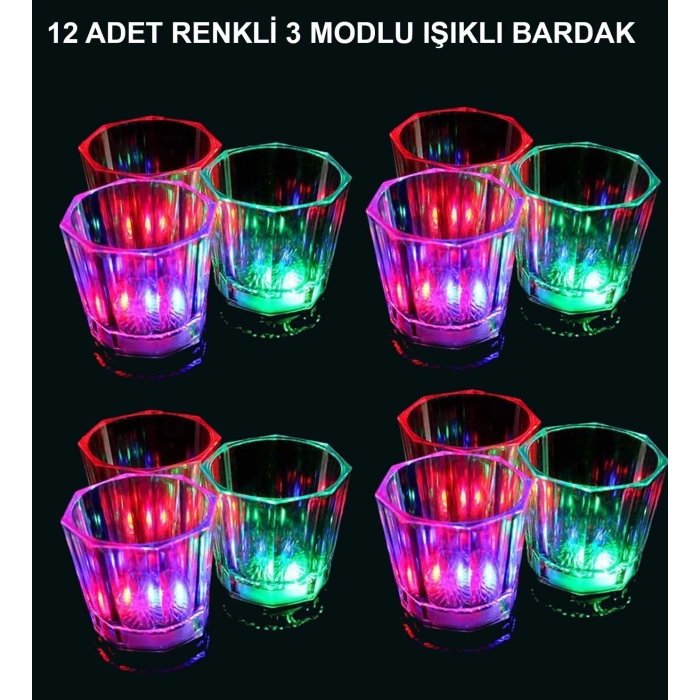 LED Işıklı Eğlence Bardakları - 3 Modlu Renk Değiştiren Bardak 12 Adet (5263)
