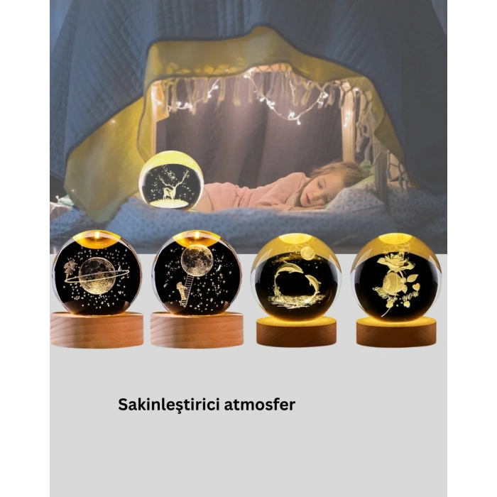 Led Işıklı Geyikli Kristal Küre Ahşap Standlı Modern Dekor Lamba