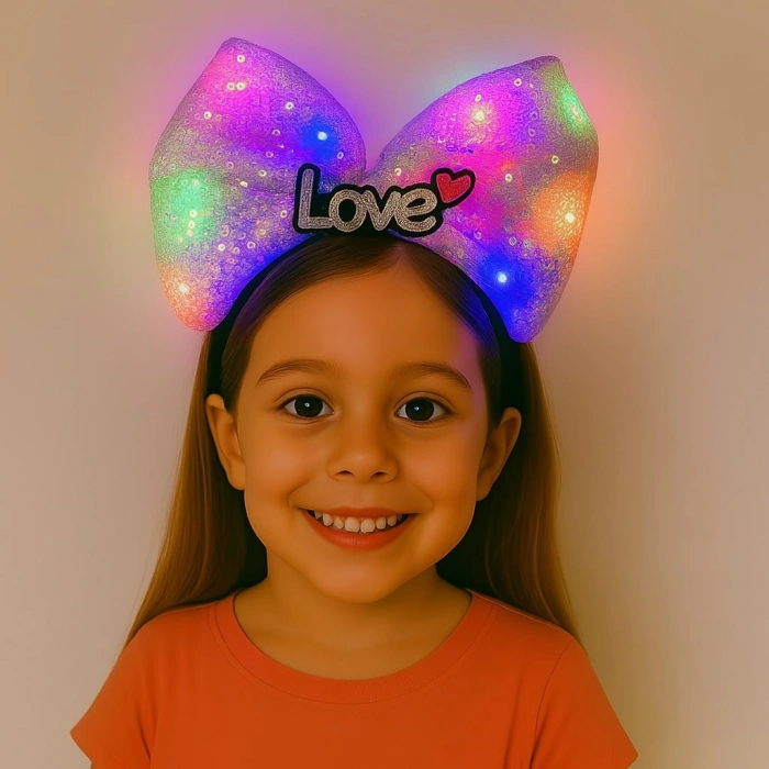 LED Işıklı Love Yazılı Mor Fiyonk Taç – Kız Çocuk Parti Tacı (5263)