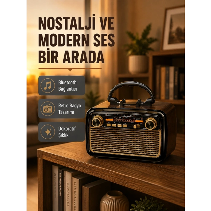 Led’li Nostaljik Bluetooth Hoparlör – Vintage Tasarım, Ahşap Doku