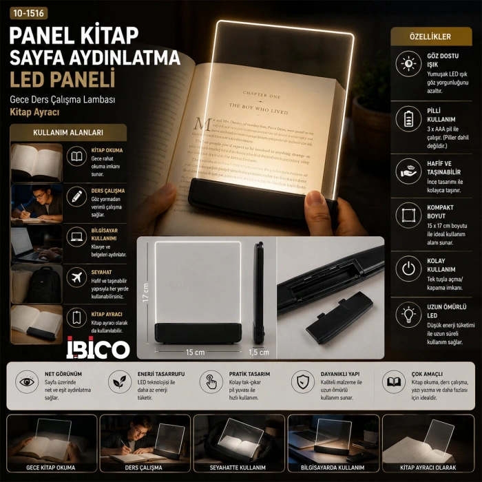 LIGHT PANEL KİTAP SAYFA AYDINLATMA LED PANELİ KİTAP OKUMA PİLLİ 15X17CM İ10-027 (5263)