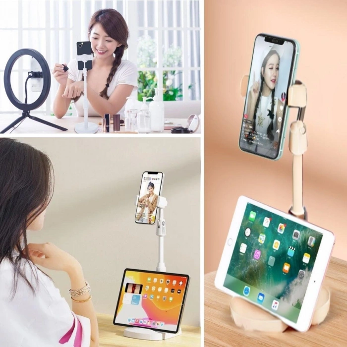 Masa Üstü Tablet ve Telefon Tutucu Plastik Aparat Beyaz Telefon Standı (5263)