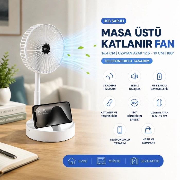 MASA ÜSTÜ VANTİLATÖR USB ŞARJLI KATLANIR FAN=16.4CM - UZAYAN AYAK=12.5-19CM 180 DERECE DÖNEBİLEN TELEFONLUKLU BWFN-11 (5263)