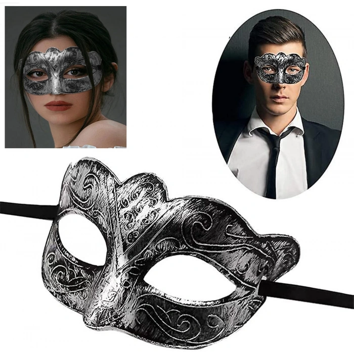 Maskeli Balo Antik Gri Gümüş Eskitilmiş Maske Balo Venedik (5263)