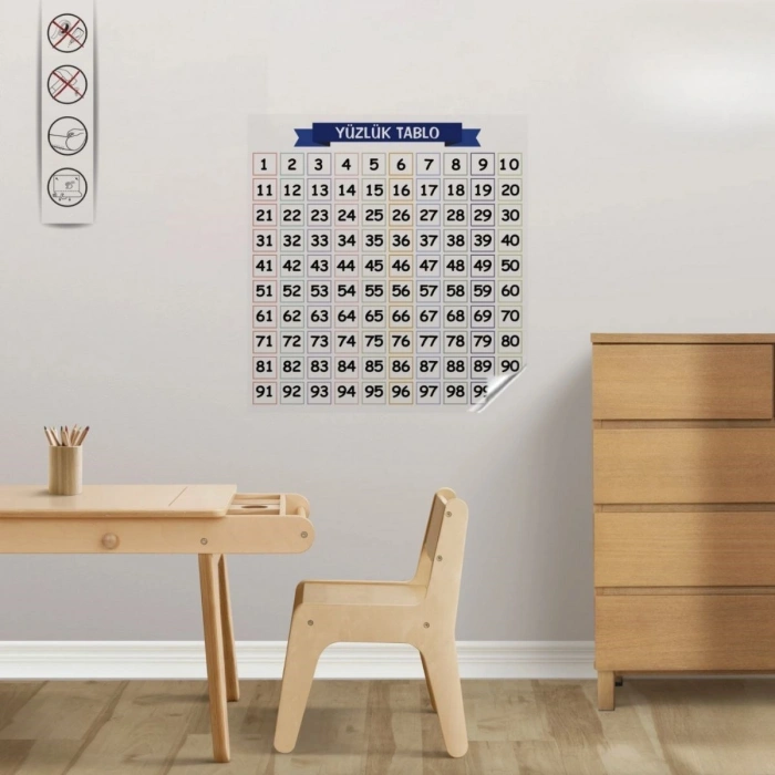 Matematik Öğreten Yüzlük Tablo Duvarda İz Bırakmaz Akıllı Kağıt Yapışkansız Statik  60x60 cm (5263)
