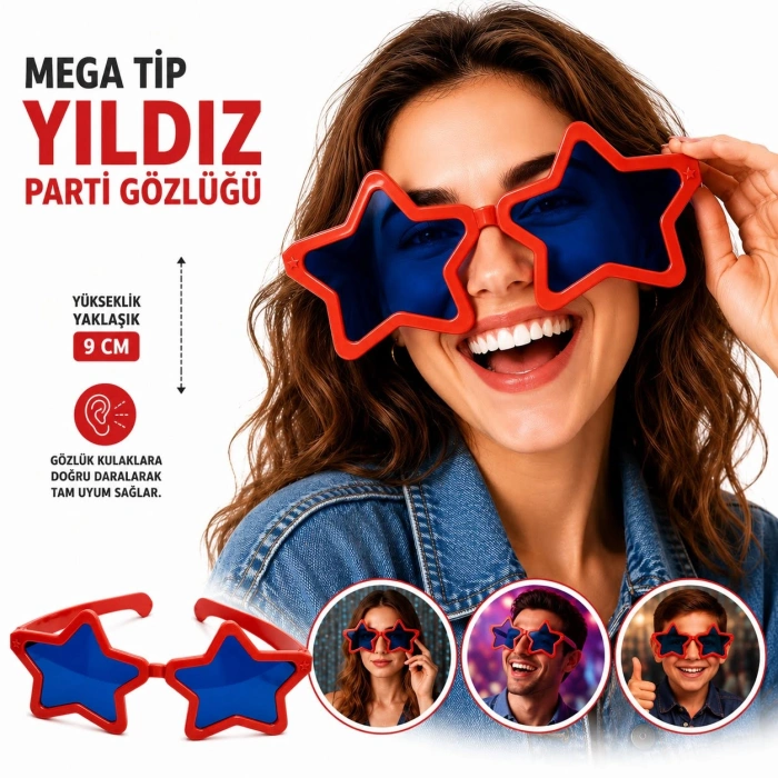 Mega Tip Yıldız Parti Gözlüğü Kırmızı Renk (5263)