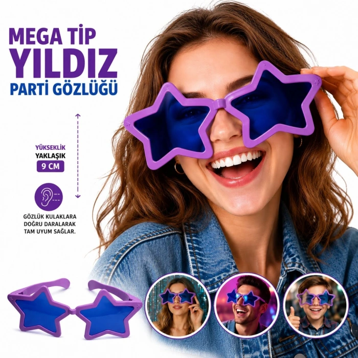 Mega Tip Yıldız Parti Gözlüğü Mor Renk (5263)