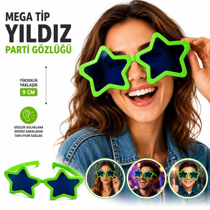 Mega Tip Yıldız Parti Gözlüğü Yeşil Renk (5263)